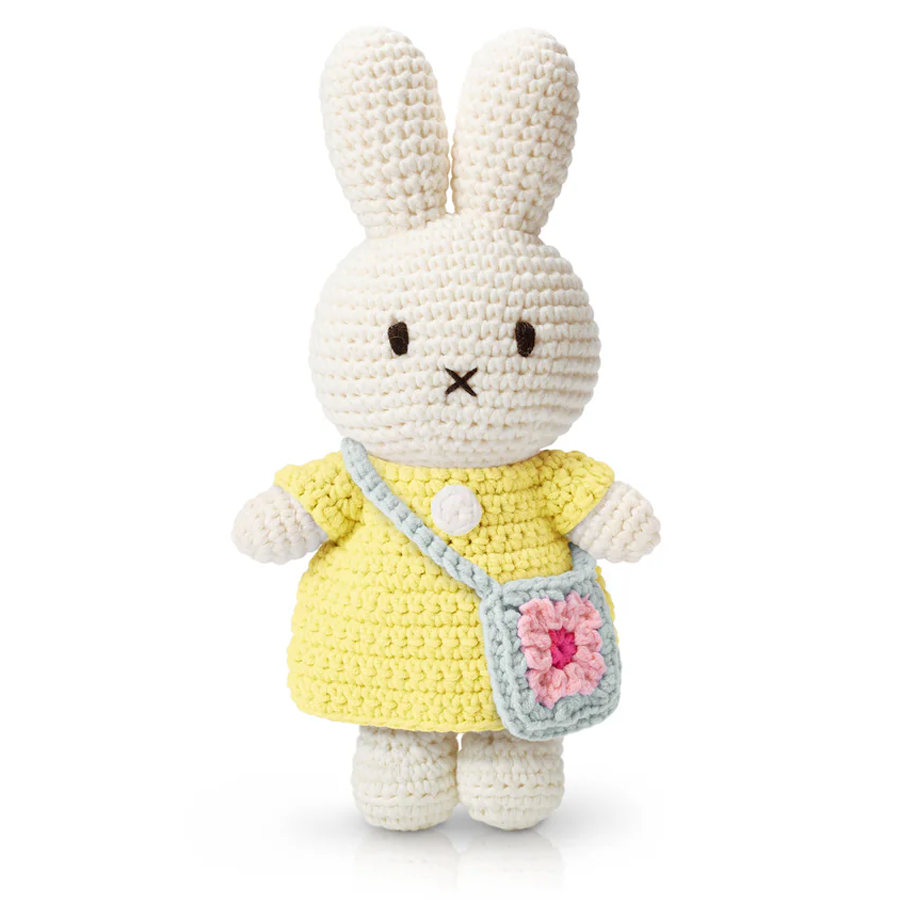 Just Dutch Miffy and her Flower Bag Handmade Crocheted Soft Toy - Pastel Yellow Dress with Blue Flower Bag