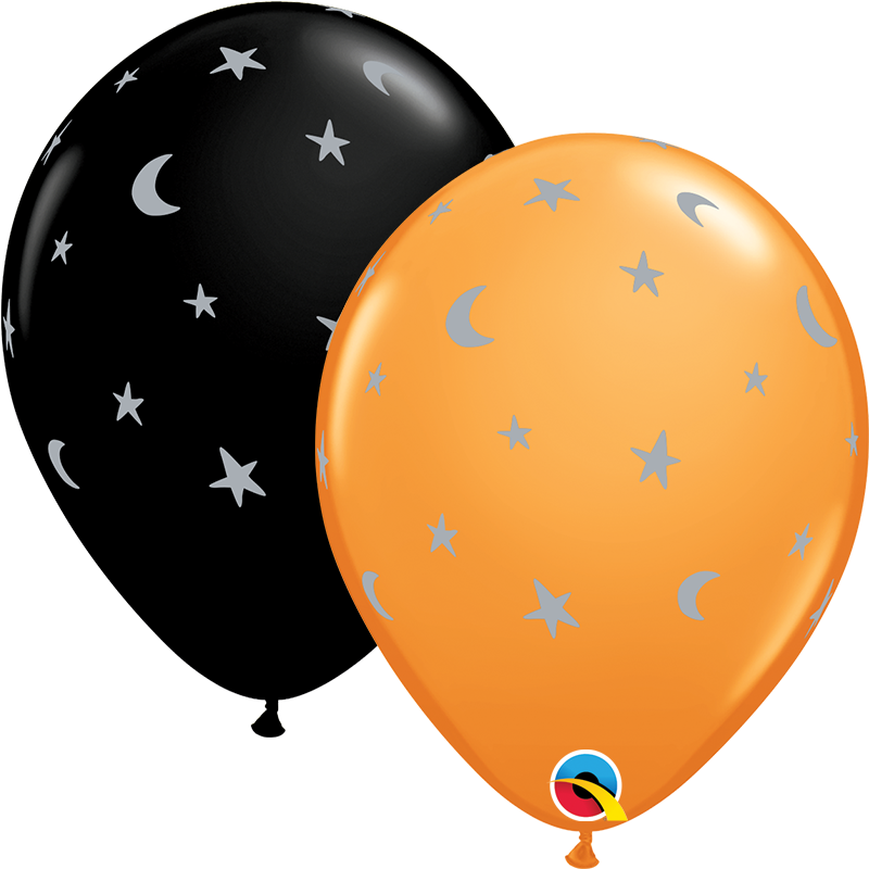 11in Orange & Black Crescent Moon and Stars Latex