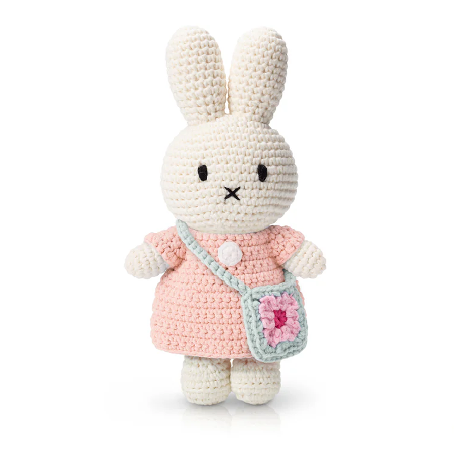 Just Dutch Miffy and her Flower Bag Handmade Crocheted Soft Toy - Pastel Pink Dress with Blue Flower Bag