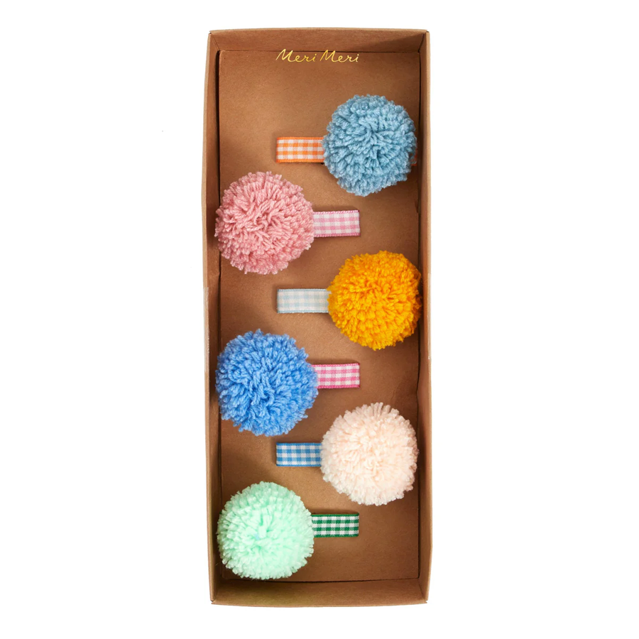 Meri Meri Gingham & Big Pom Pom Hair Clips - Set of 6