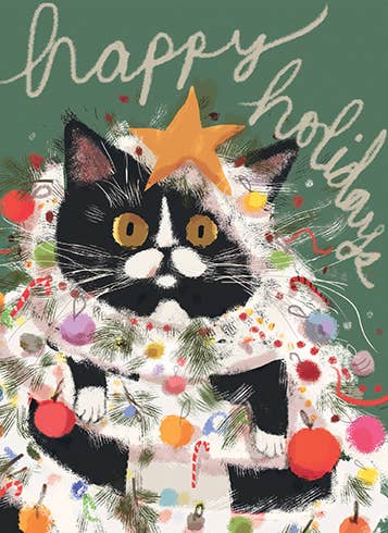 CAT IN TINSEL HOLIDAY GREETING CARD 4.5 x 6.25"