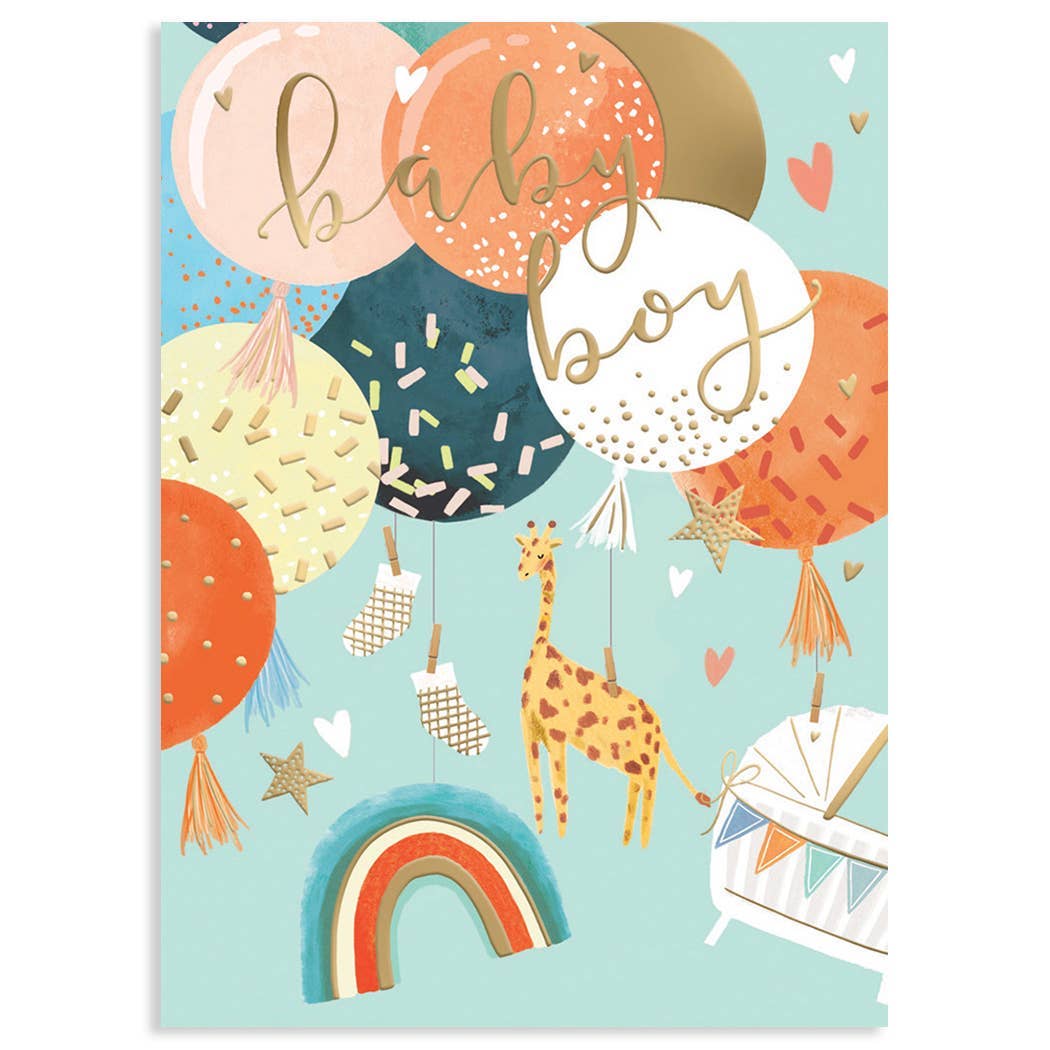 BABY BOY BALLOONS NEW BABY GREETING CARD 4.625 x 6.5625"