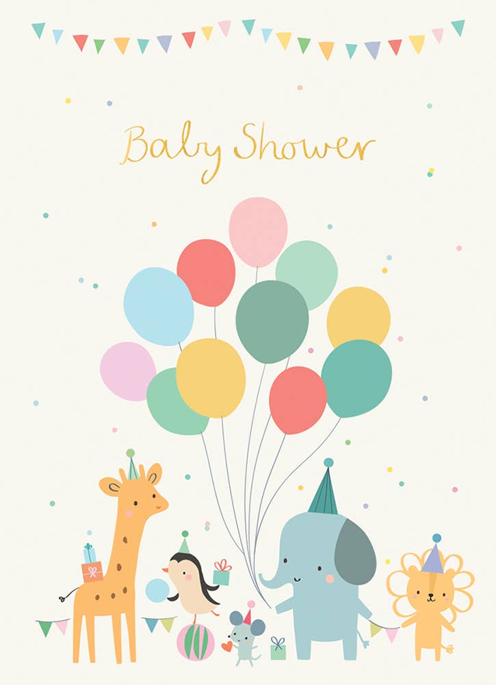 ANIMAL BALLOONS BABY SHOWER GREETING CARD 4.5 x 6.25