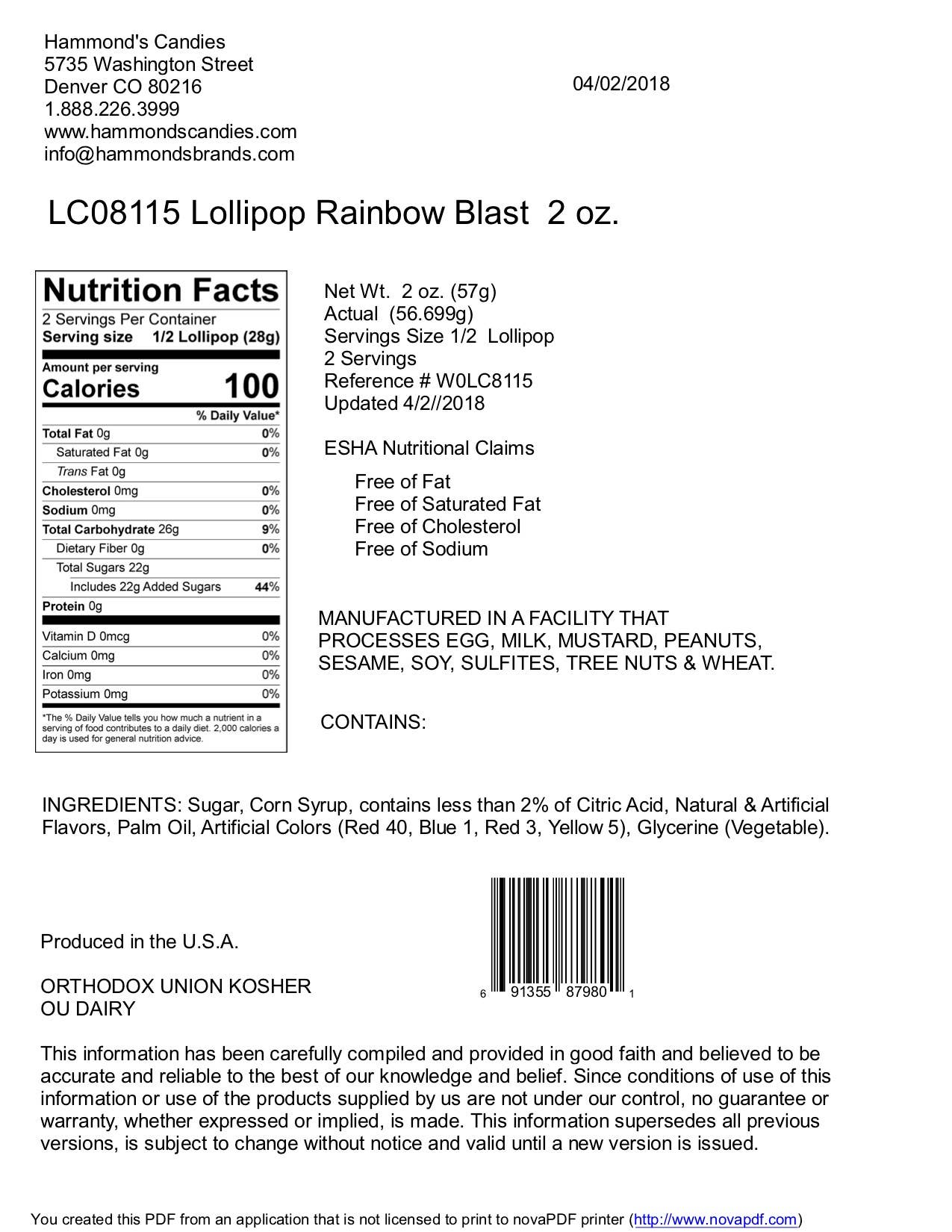 Handmade Lollipop w/ Bow - Rainbow Blast Fruit Punch - 2 oz, photo 2 of 5