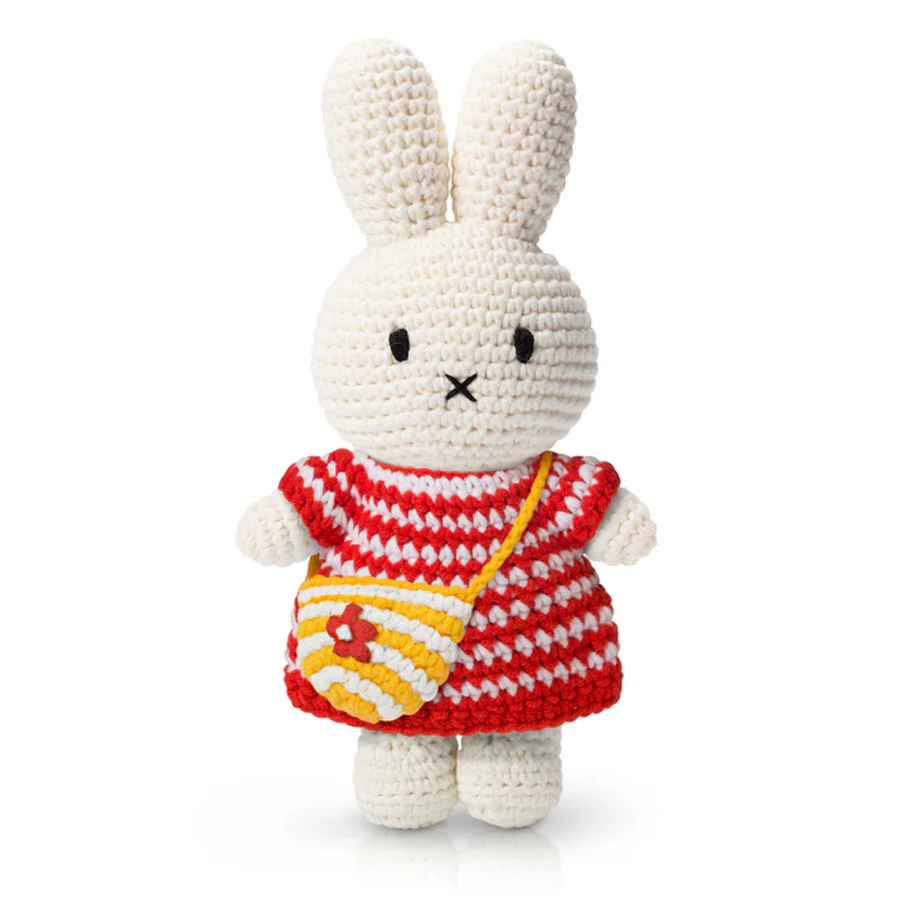 Just Dutch Miffy and her Striped Bag Handmade Crocheted Soft Toy - Red Dress