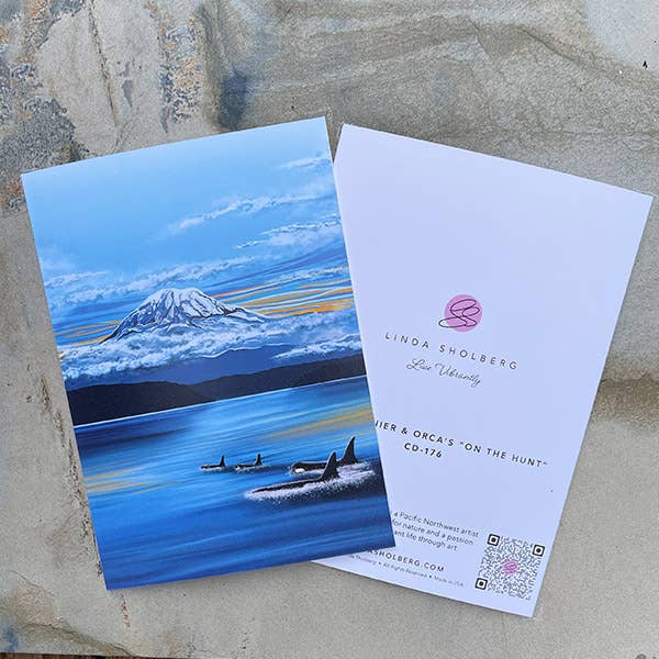 Mount Rainier & Orca's "On the Hunt" | Greeting card: A7, photo 1 of 3