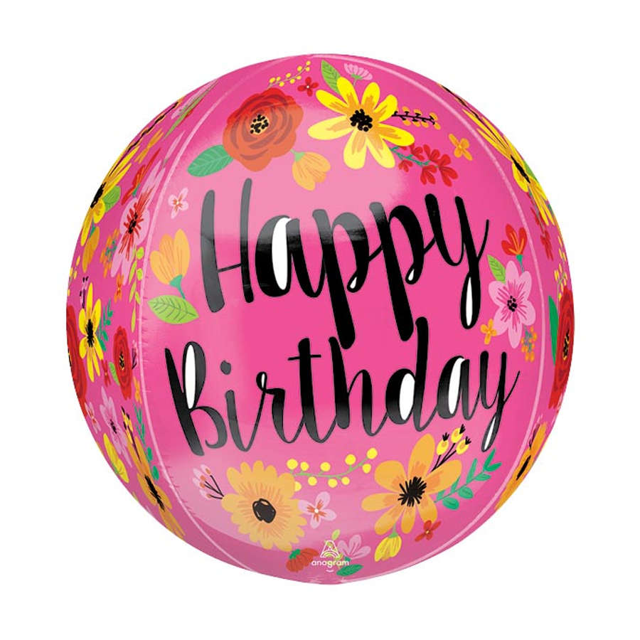 16in Pink Happy Birthday Floral Orbz Balloon