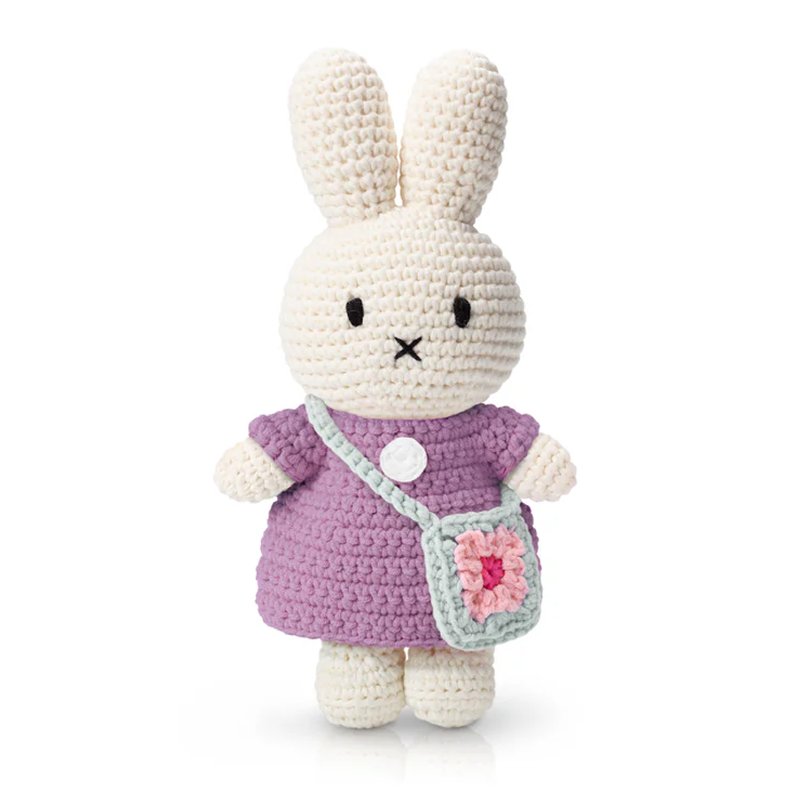 Just Dutch Miffy and her Flower Bag Handmade Crocheted Soft Toy - Lilac Dress with Blue Flower Bag